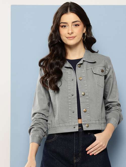 women solid long sleeve collared denim jacket - 22086567 -  Standard Image - 0