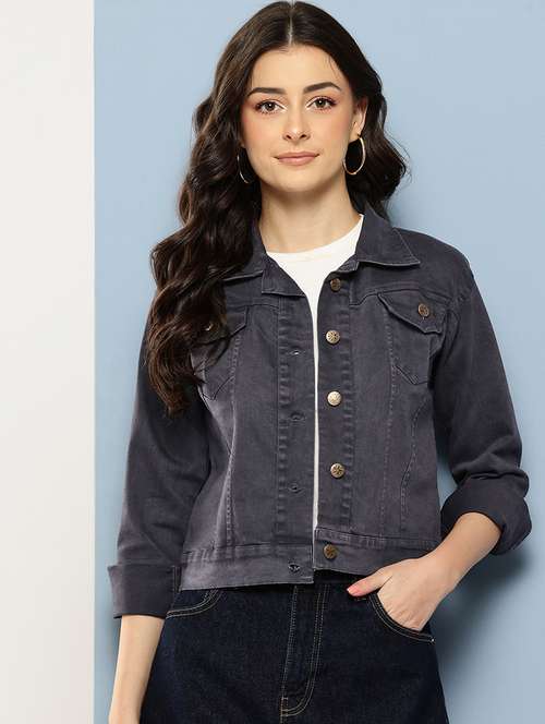 women solid long sleeve collared denim jacket - 22086568 -  Standard Image - 0