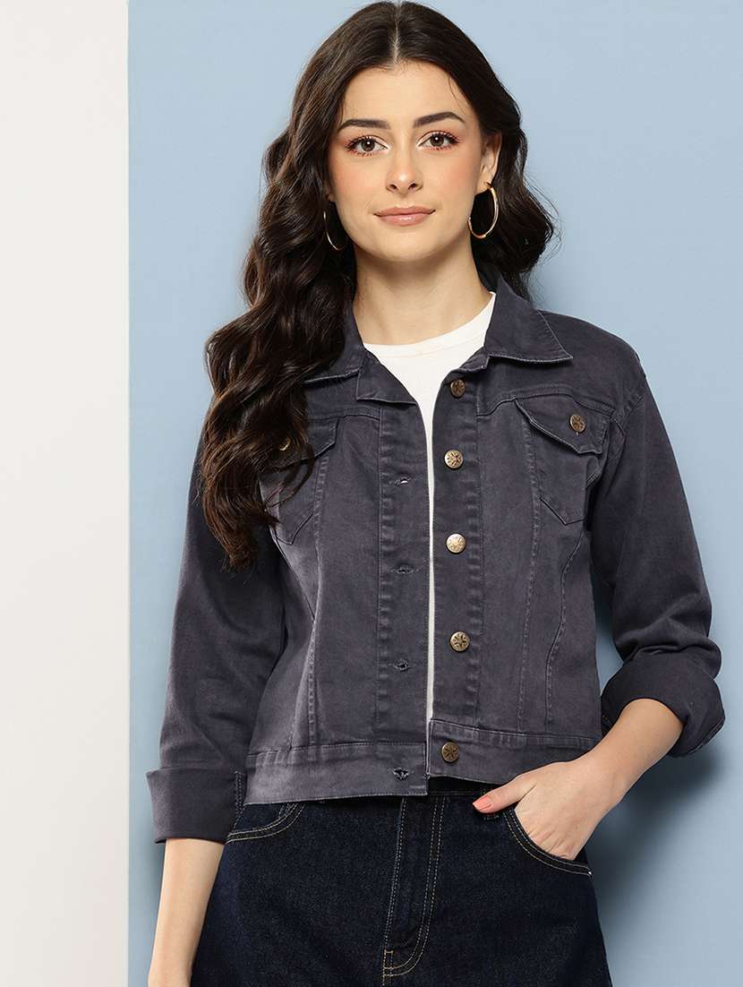 women solid long sleeve collared denim jacket - 22086568 -  Zoom Image - 0