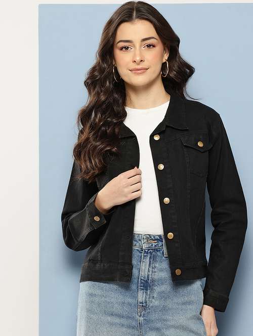 women solid long sleeve collared denim jacket - 22086569 -  Standard Image - 0
