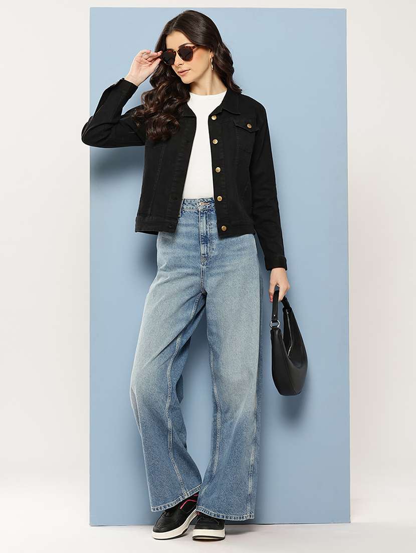women solid long sleeve collared denim jacket - 22086569 - Standard Image - 3
