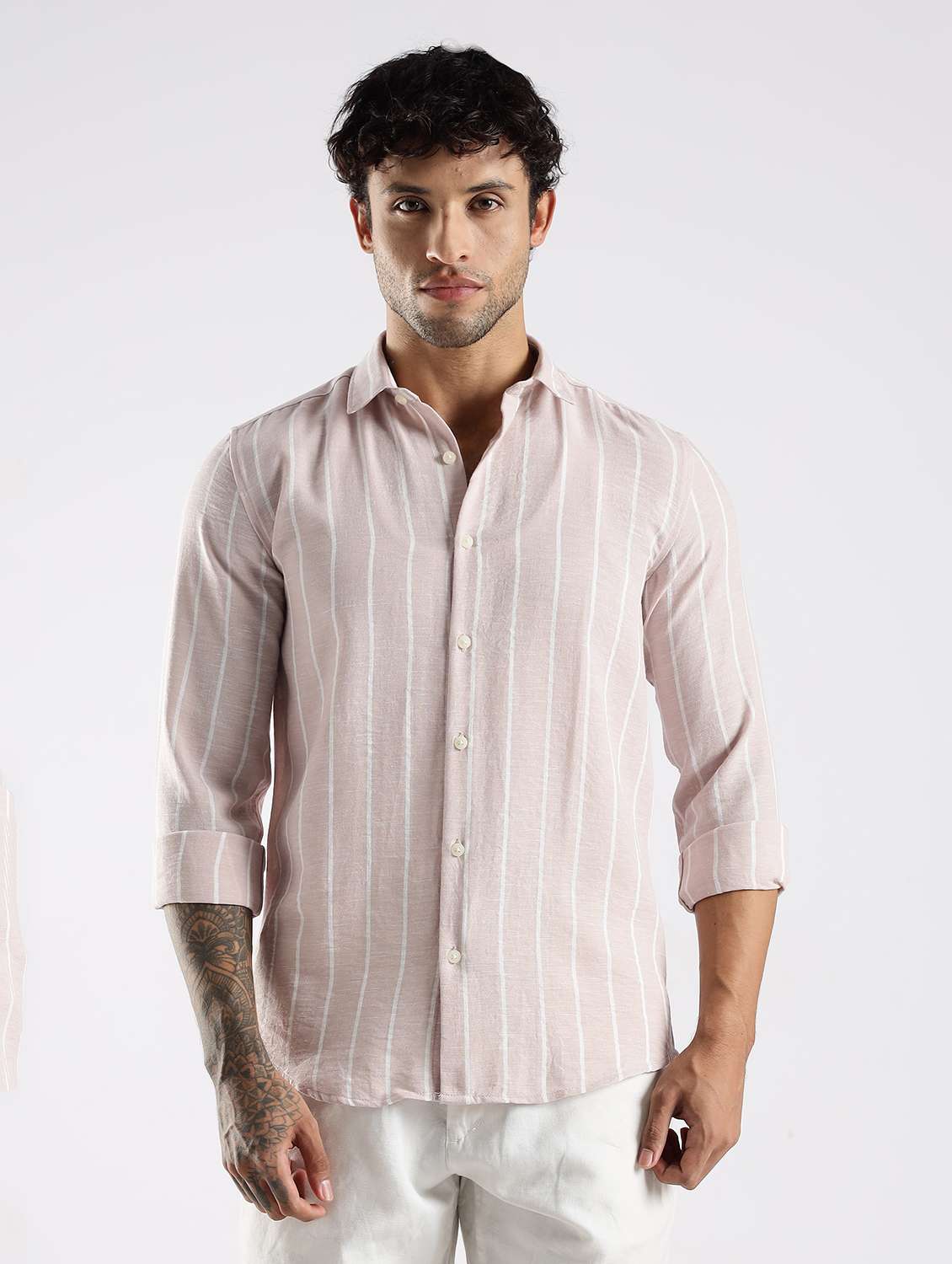 men striped long sleeve slim fit casual shirt