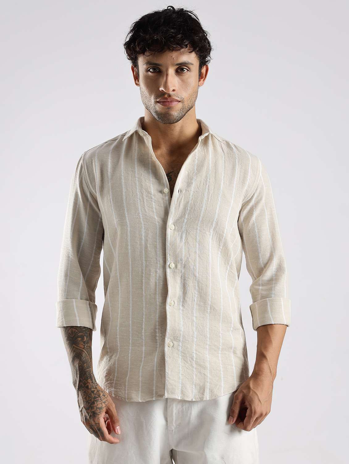 men striped long sleeve slim fit casual shirt