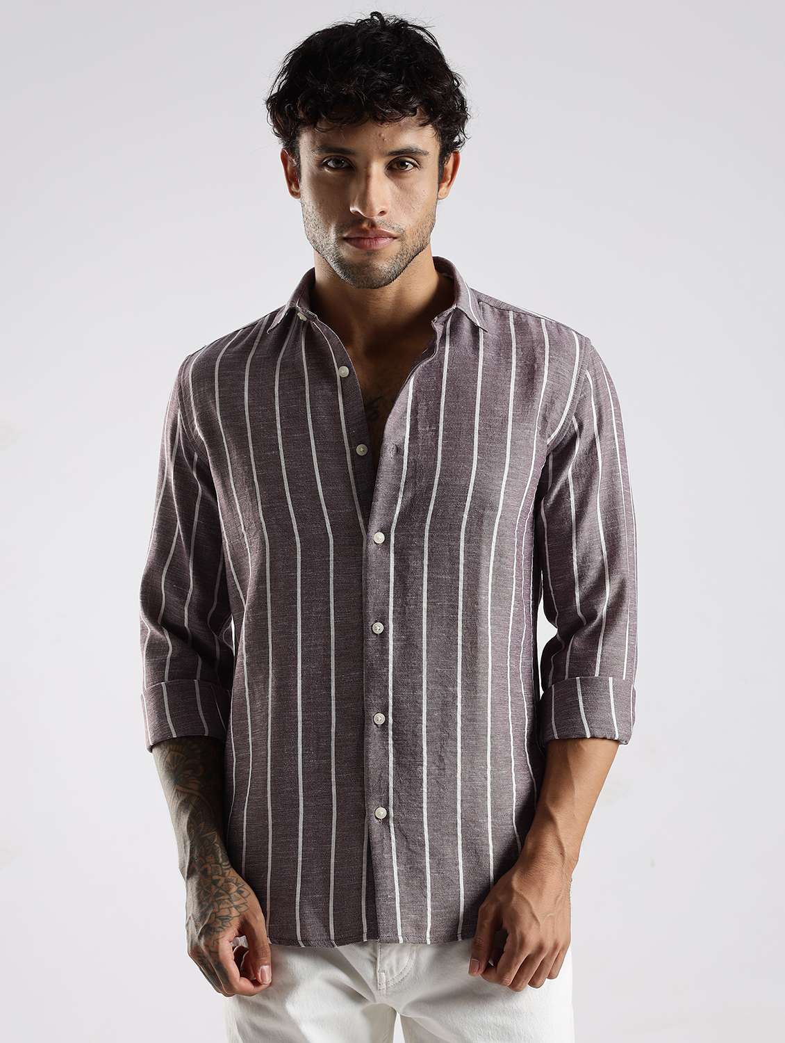 men striped long sleeve slim fit casual shirt