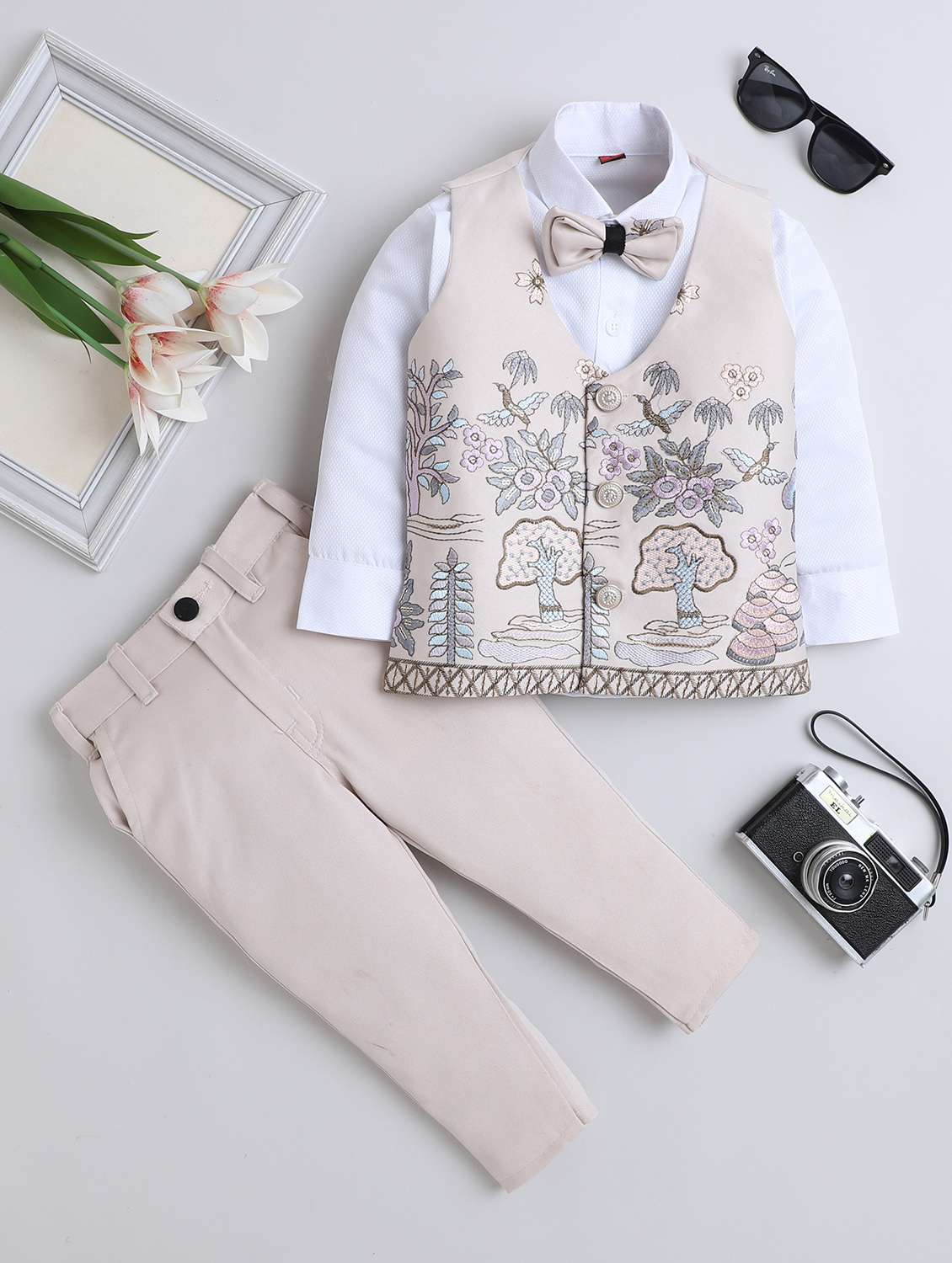 boys embroidered shirt and trouser with wasitcoat set