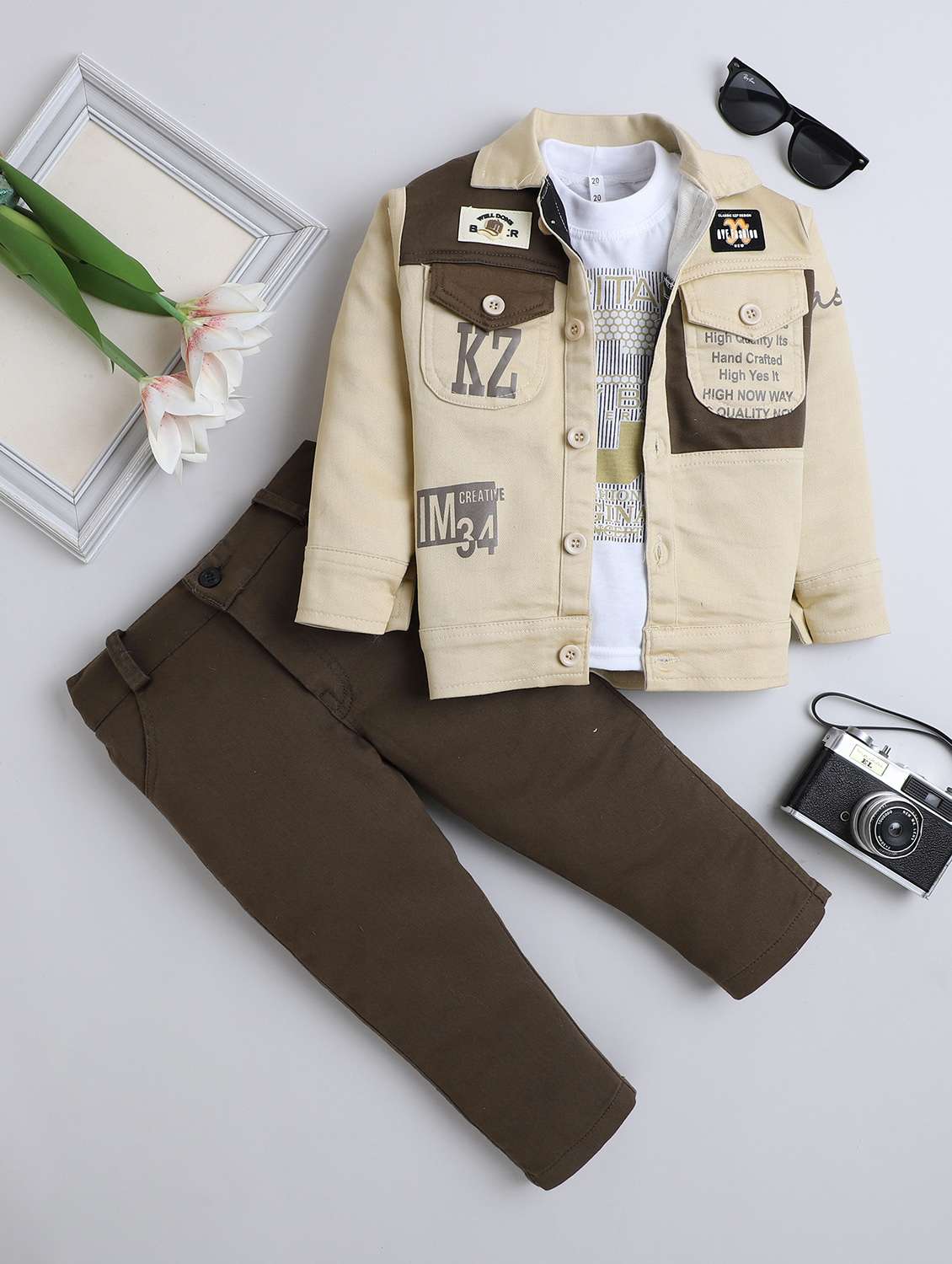 boys printed t-shirt and trouser with jacket set