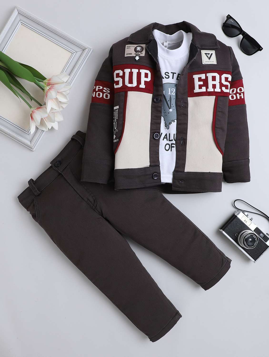 boys printed t-shirt and trouser with jacket set