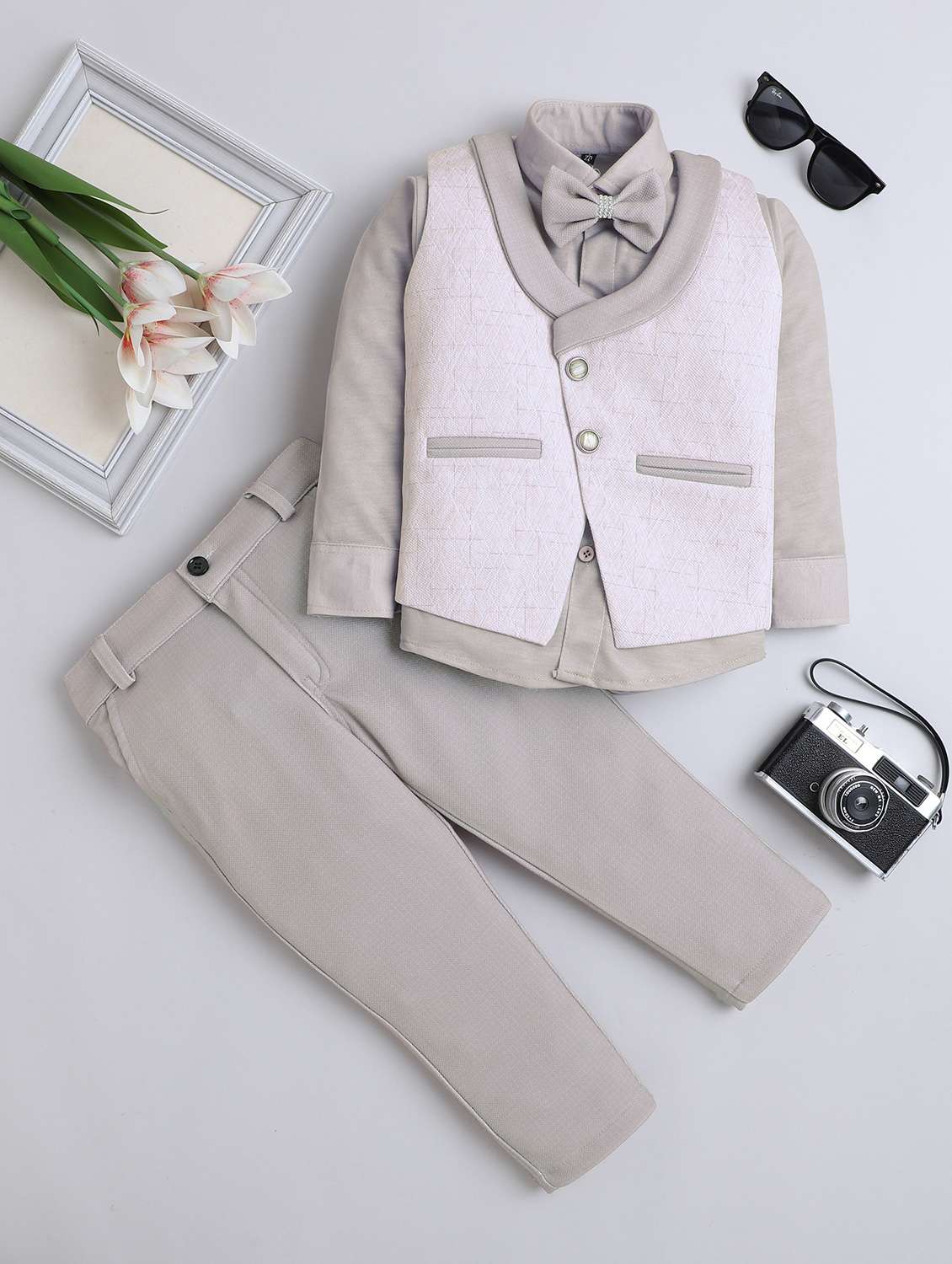 boys solid shirt and trouser with wasitcoat set