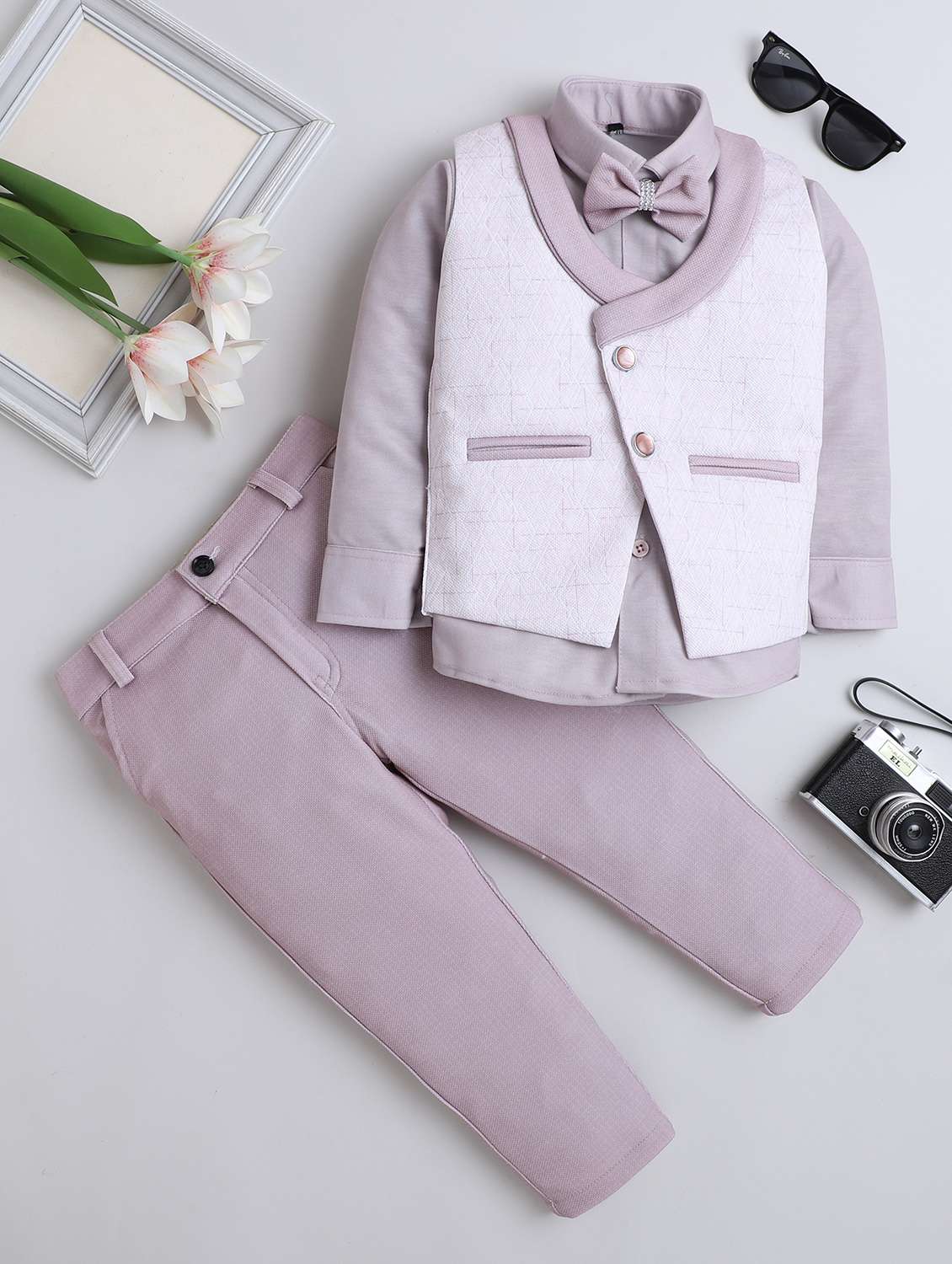 boys solid shirt and trouser with wasitcoat set