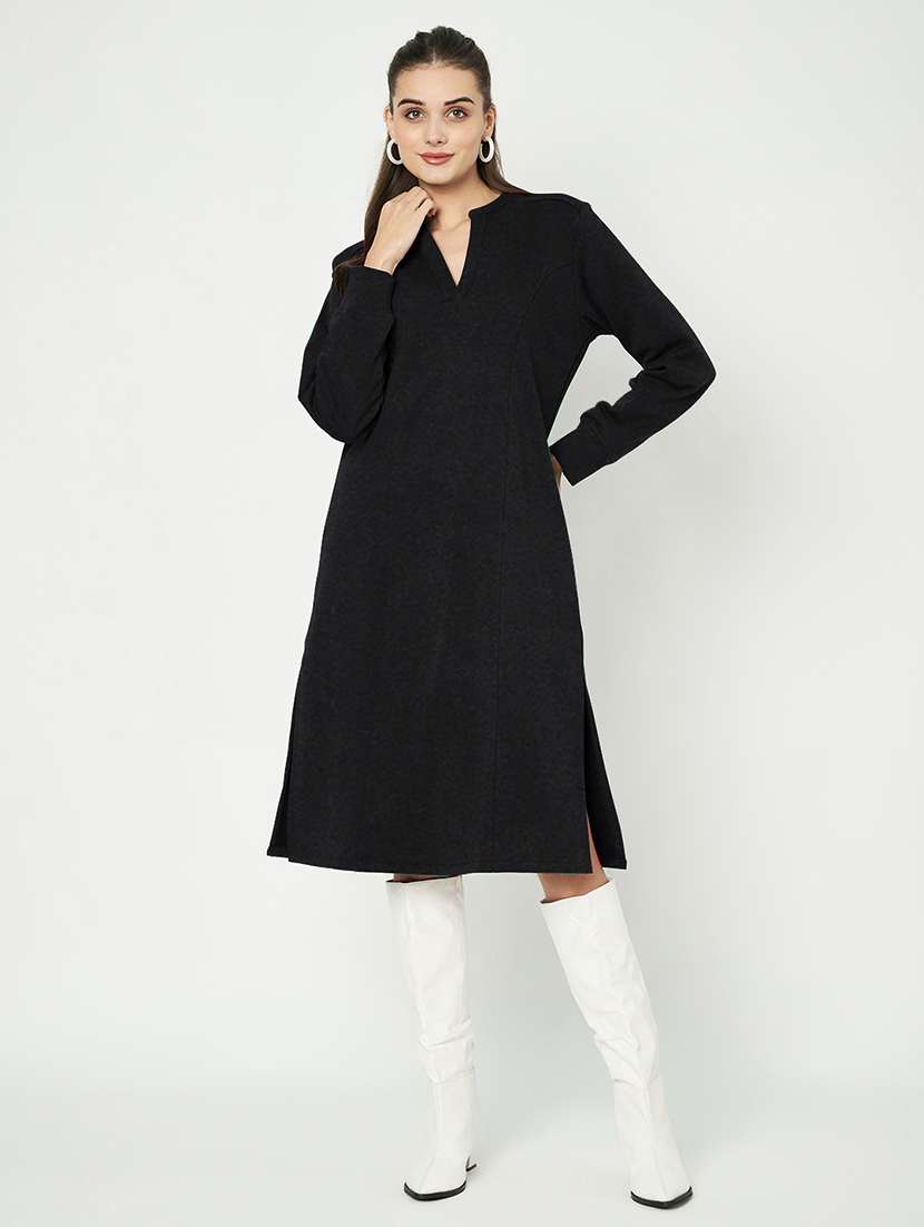 women solid long sleeve a-line kurta