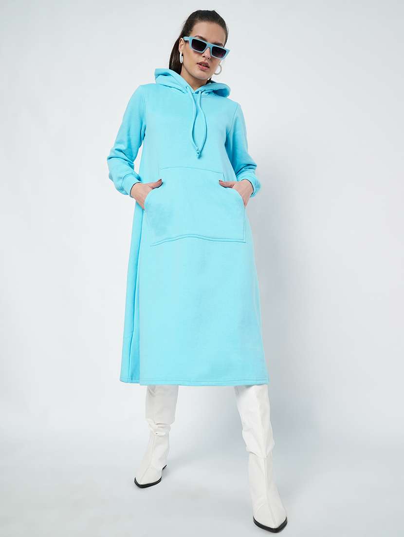 women solid long sleeve hooded a-line dress - 22086787 - Standard Image - 3