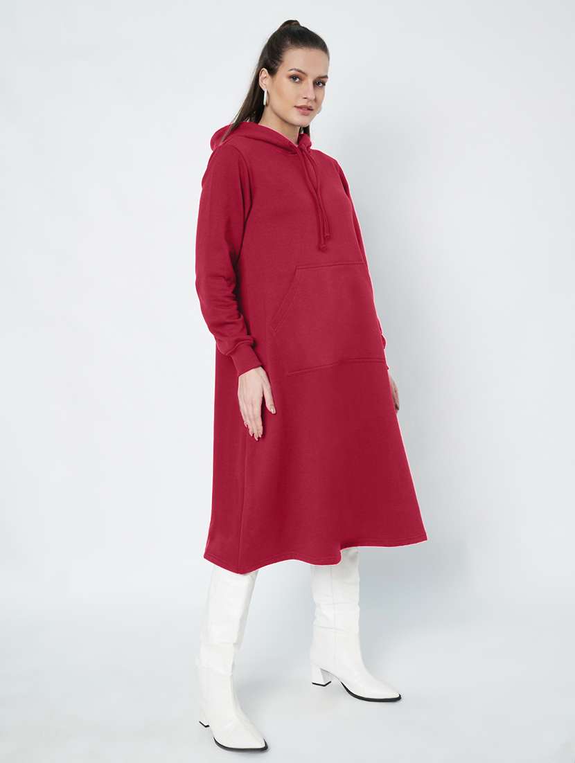 women solid long sleeve hooded a-line dress - 22086792 -  Standard Image - 3