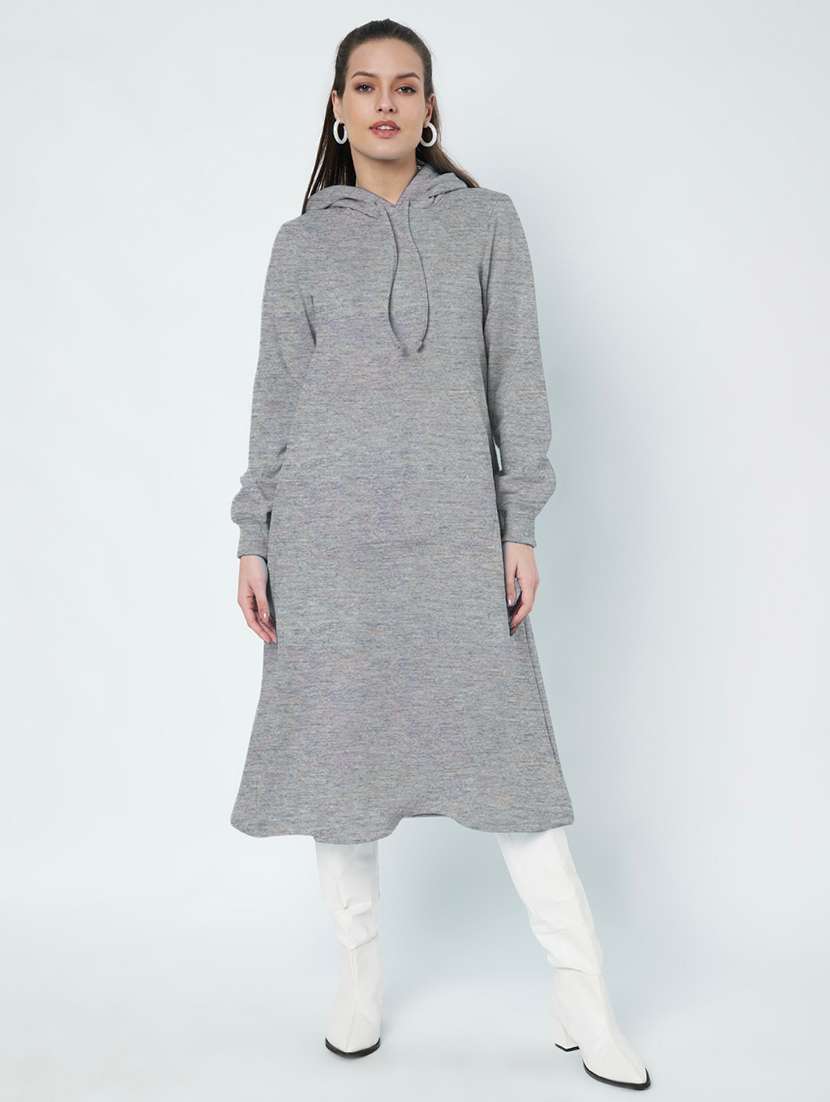 women solid long sleeve hooded a-line dress - 22086794 - Zoom Image - 0