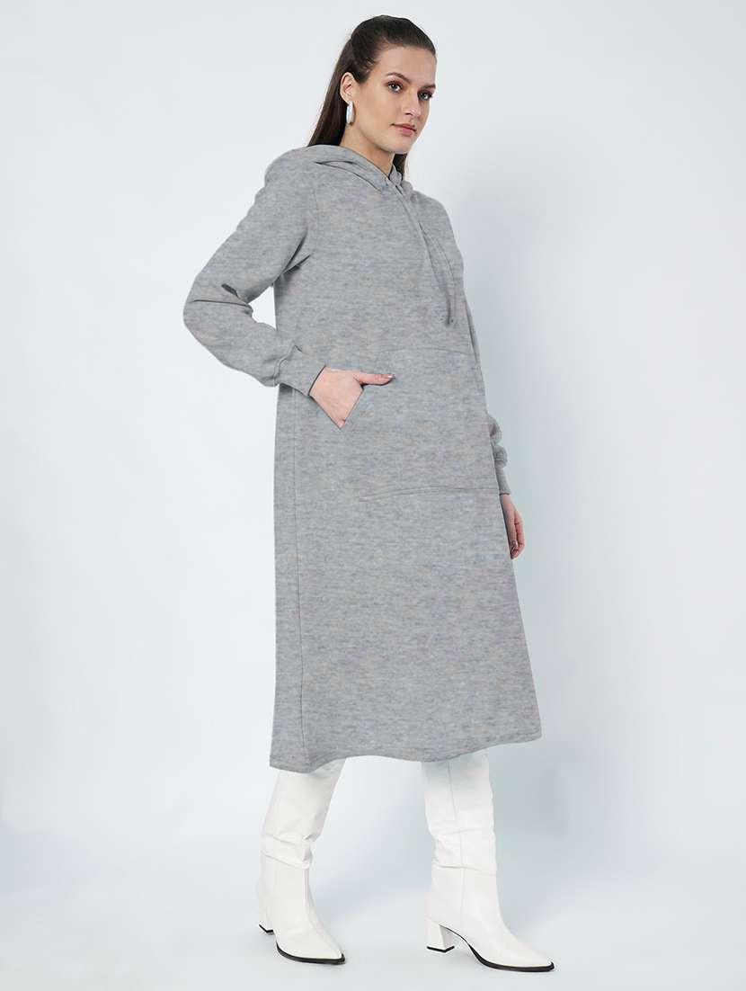 women solid long sleeve hooded a-line dress - 22086794 - Standard Image - 3