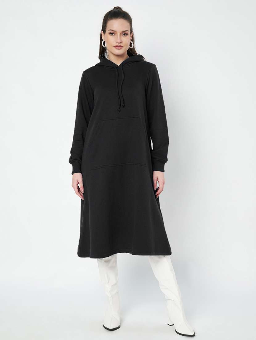 women solid long sleeve hooded a-line dress
