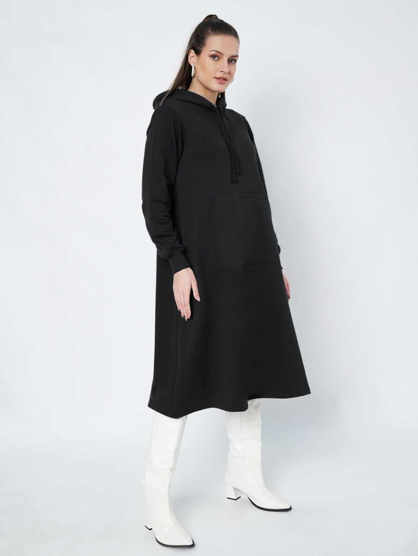 women solid long sleeve hooded a-line dress - 22086799 -  Standard Image - 3