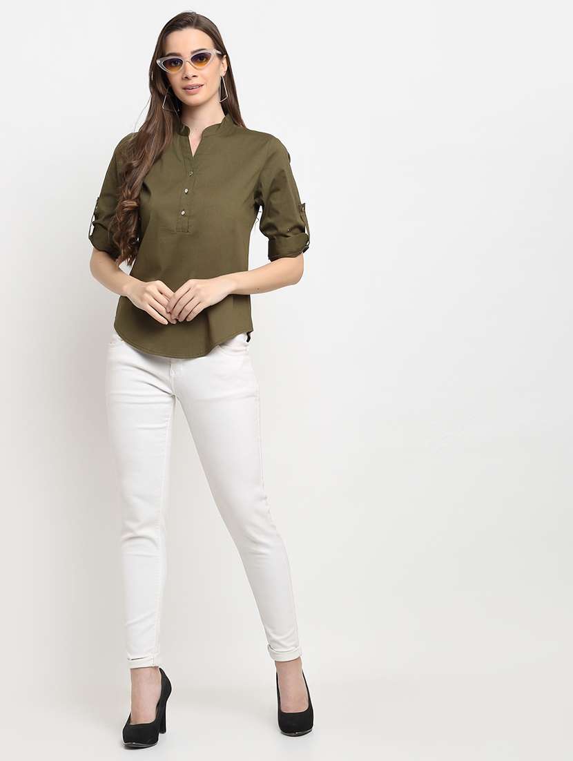 women solid roll-up sleeve regular top - 22086841 -  Standard Image - 3