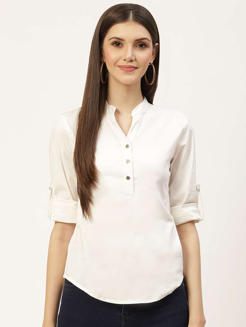 women solid roll-up sleeve regular top