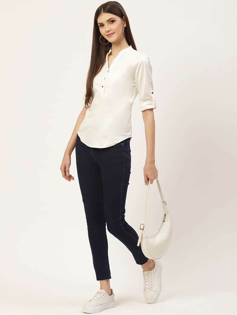 women solid roll-up sleeve regular top - 22086842 -  Standard Image - 3