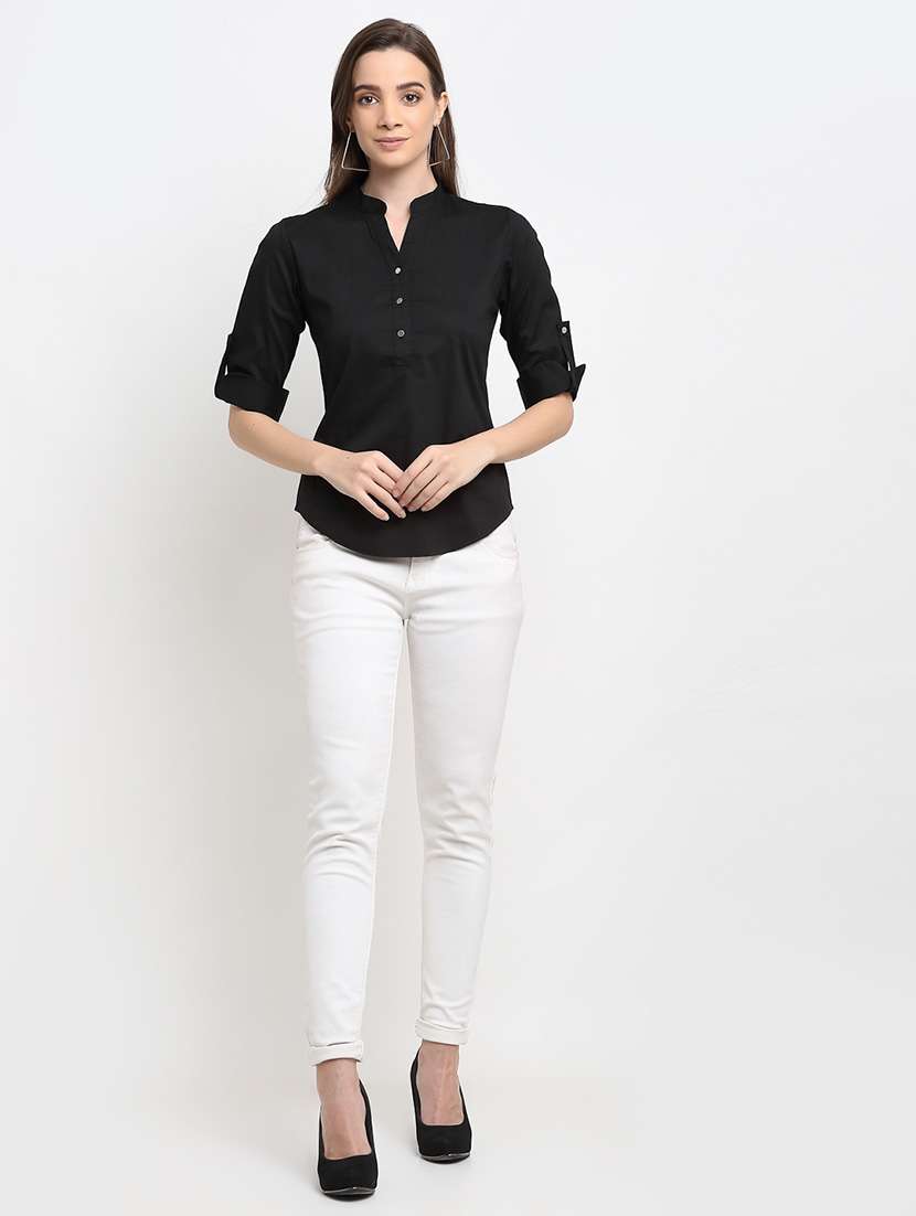 women solid roll-up sleeve regular top - 22086846 -  Standard Image - 3