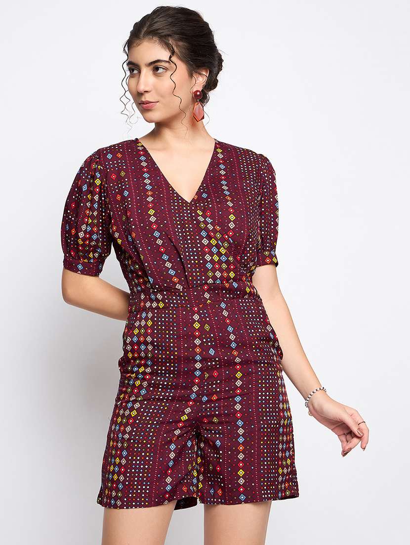 women printed puff sleeve overlap neck romper 