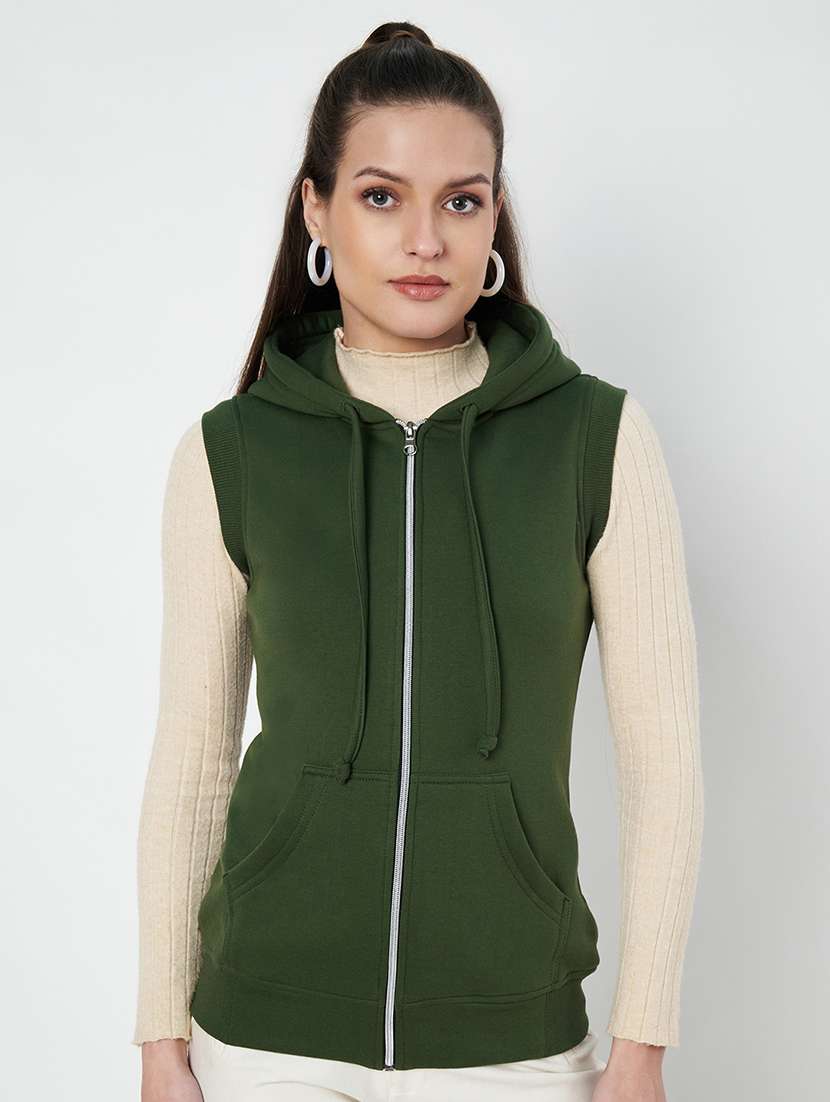 women solid sleeveless hooded sweatshirt