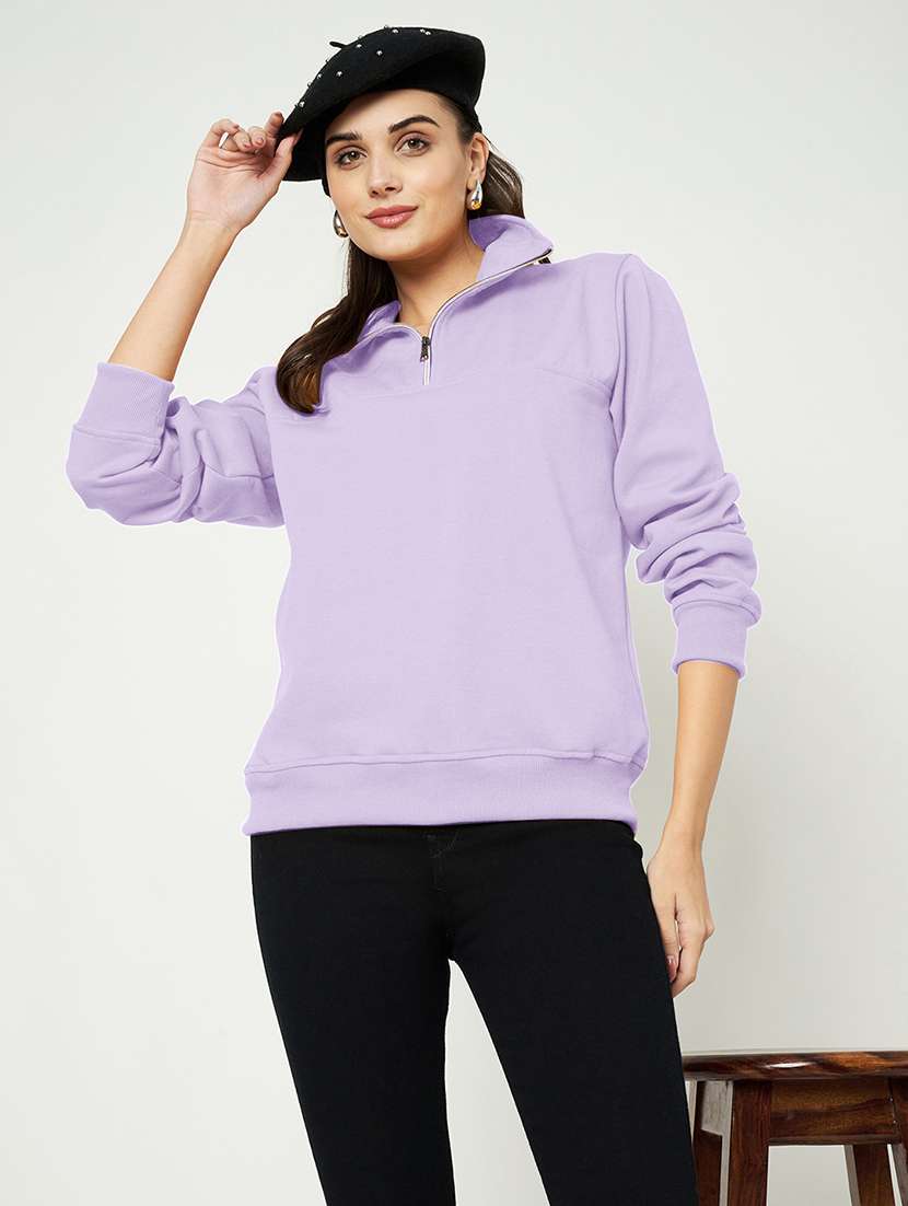 women solid long sleeve stand collar sweatshirt