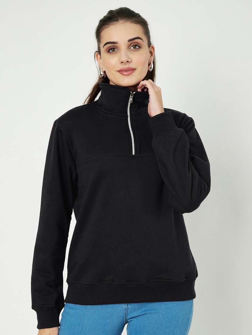 women solid long sleeve stand collar sweatshirt