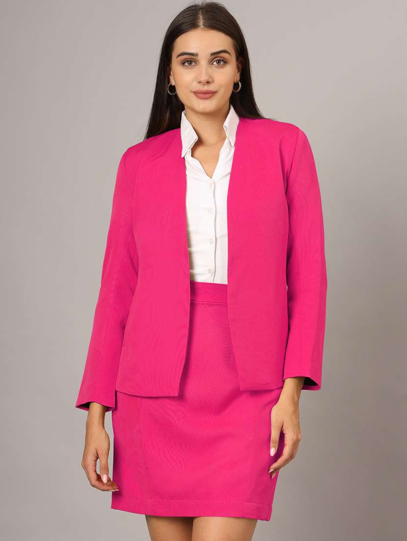 women solid long sleeve blazer & skirt co-ord set