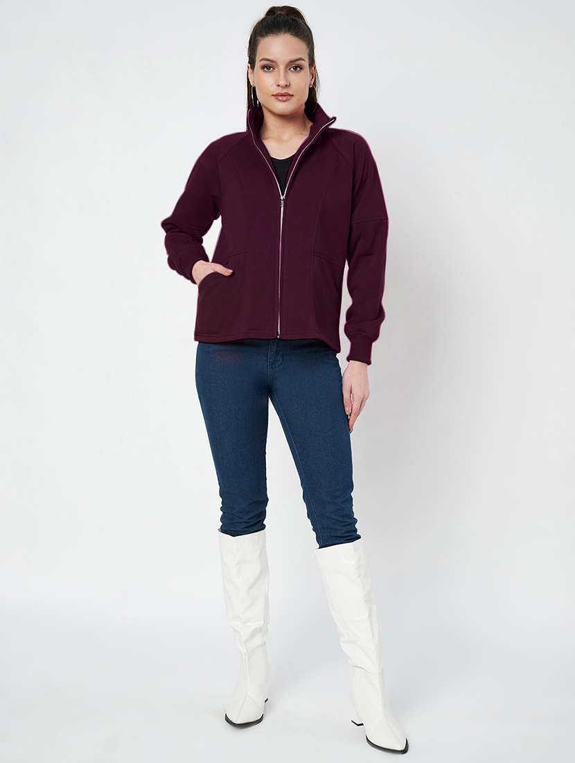 women solid stand collar long sleeve jacket - 22087116 -  Standard Image - 5