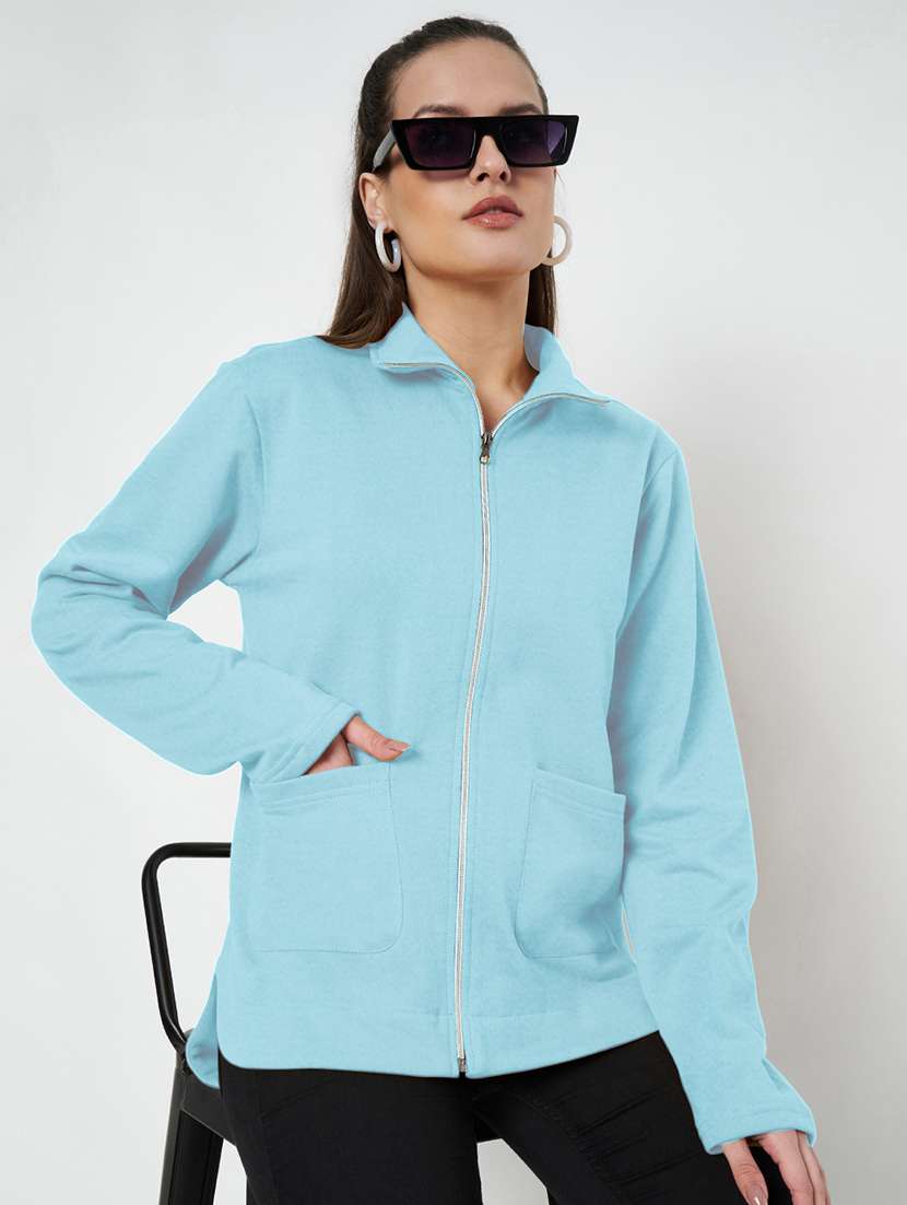 women solid stand collar long sleeve jacket