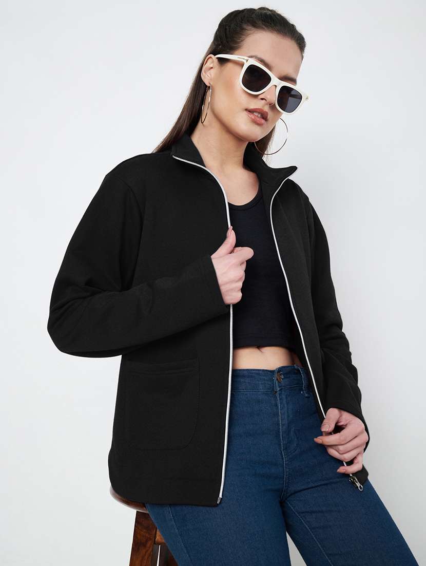 women solid stand collar long sleeve jacket