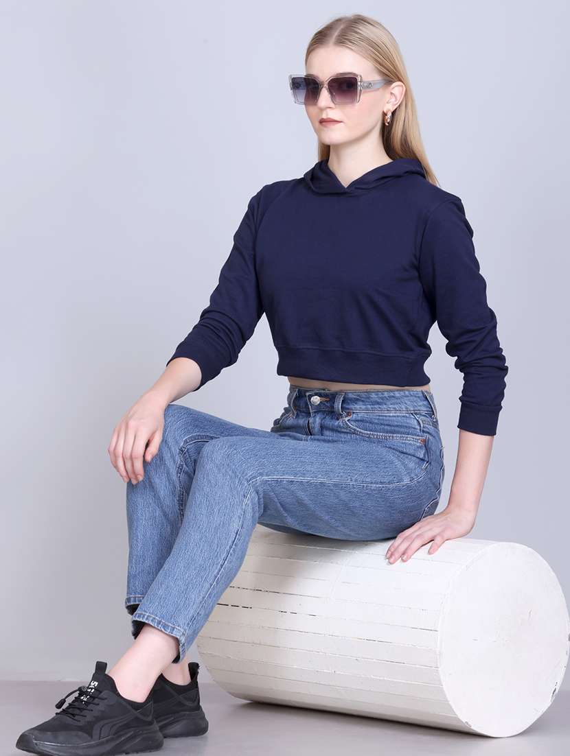 women solid long sleeve hooded crop sweatshirt - 22087136 -  Standard Image - 3
