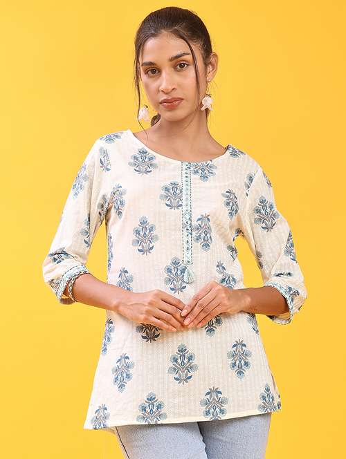 women floral printed three quarter sleeve straight kurti - 22087278 -  Standard Image - 0
