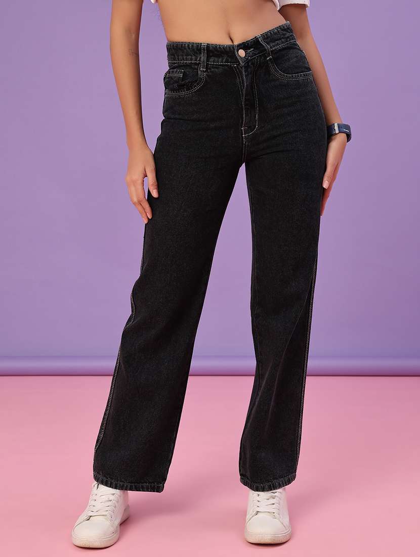 women solid high rise straight fit jean