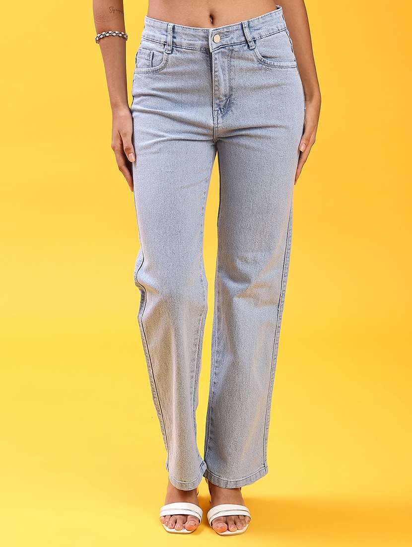women plain mid rise straight fit jeans