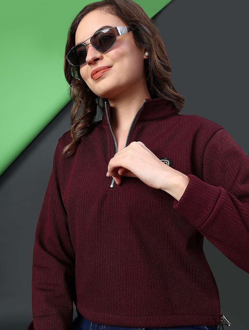 women solid stand collar long sleeve sweatshirt