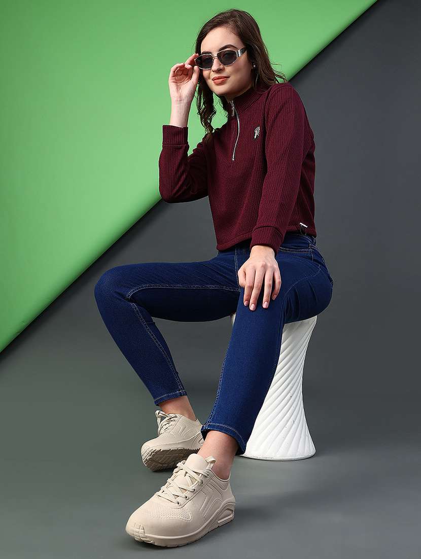 women solid stand collar long sleeve sweatshirt - 22087868 -  Standard Image - 5