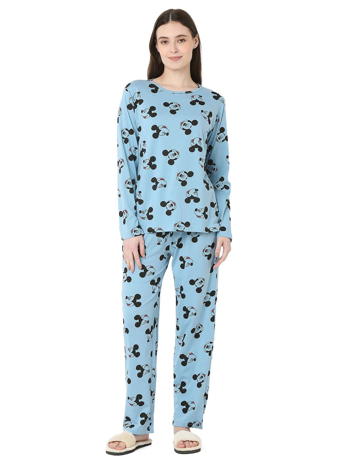 women printed long sleeve nightwear pyjama set