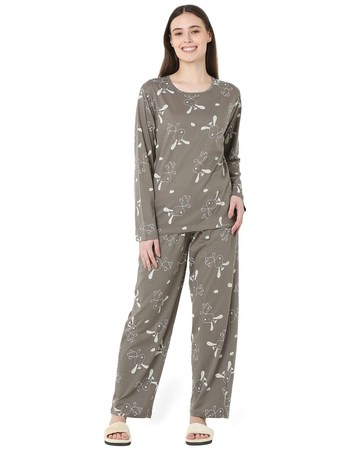 women printed long sleeve nightwear pyjama set
