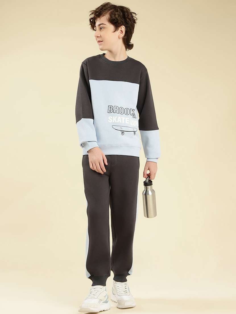 boys color block round neck full length track suit