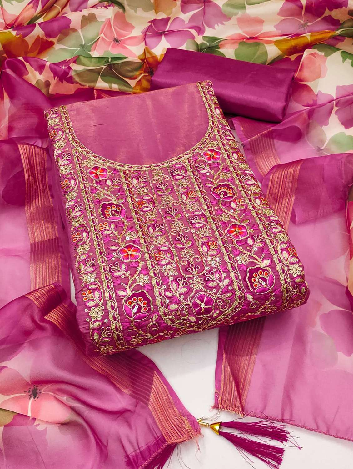 women solid with work embroidered unstitched suit set - 22088052 -  Standard Image - 3