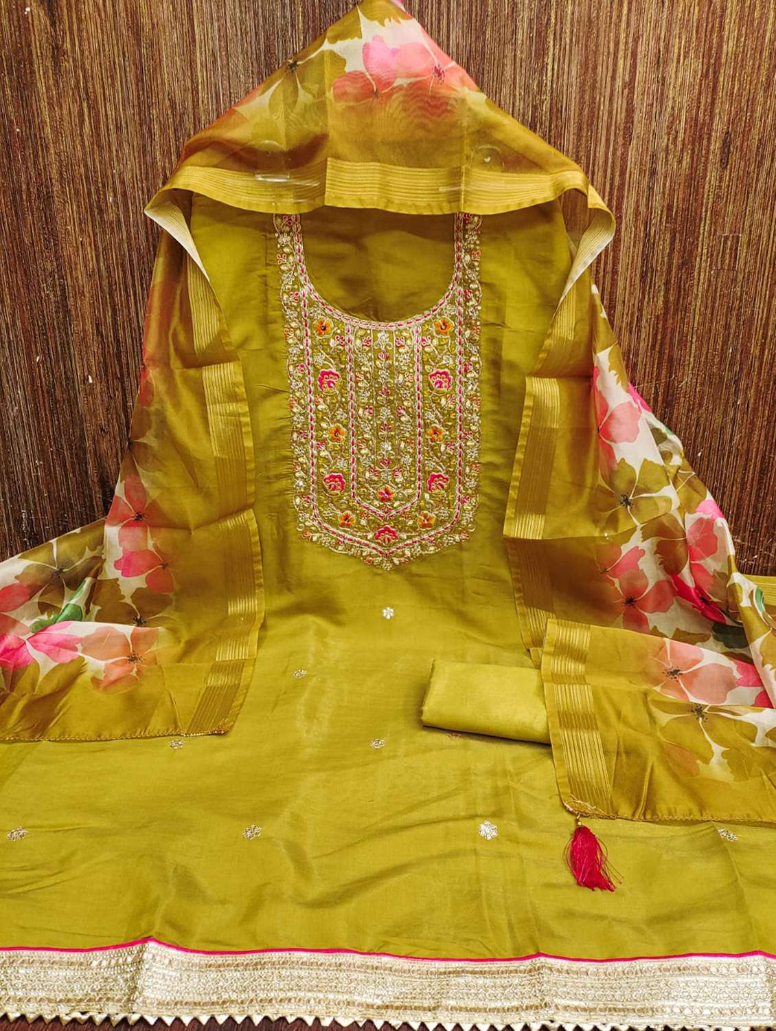 women solid with work embroidered unstitched suit set - 22088053 -  Standard Image - 3