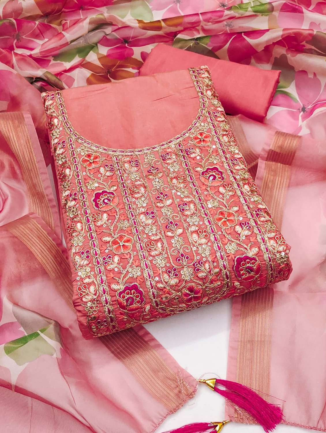 women solid with work embroidered unstitched suit set - 22088055 -  Standard Image - 3