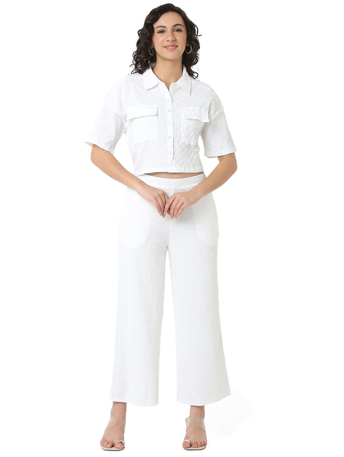 women solid shirt and trouser co-ord set