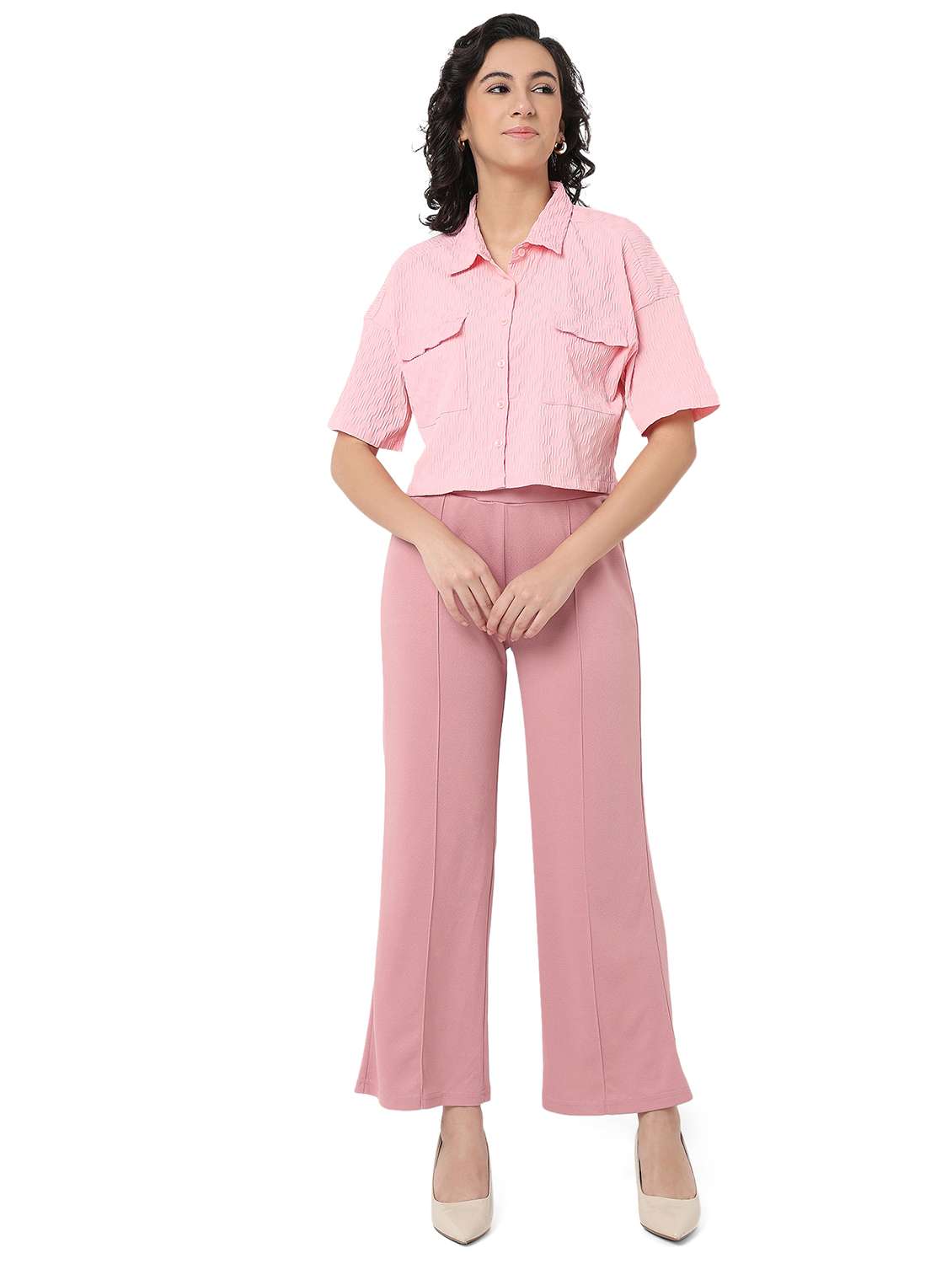 women solid shirt and trouser co-ord set