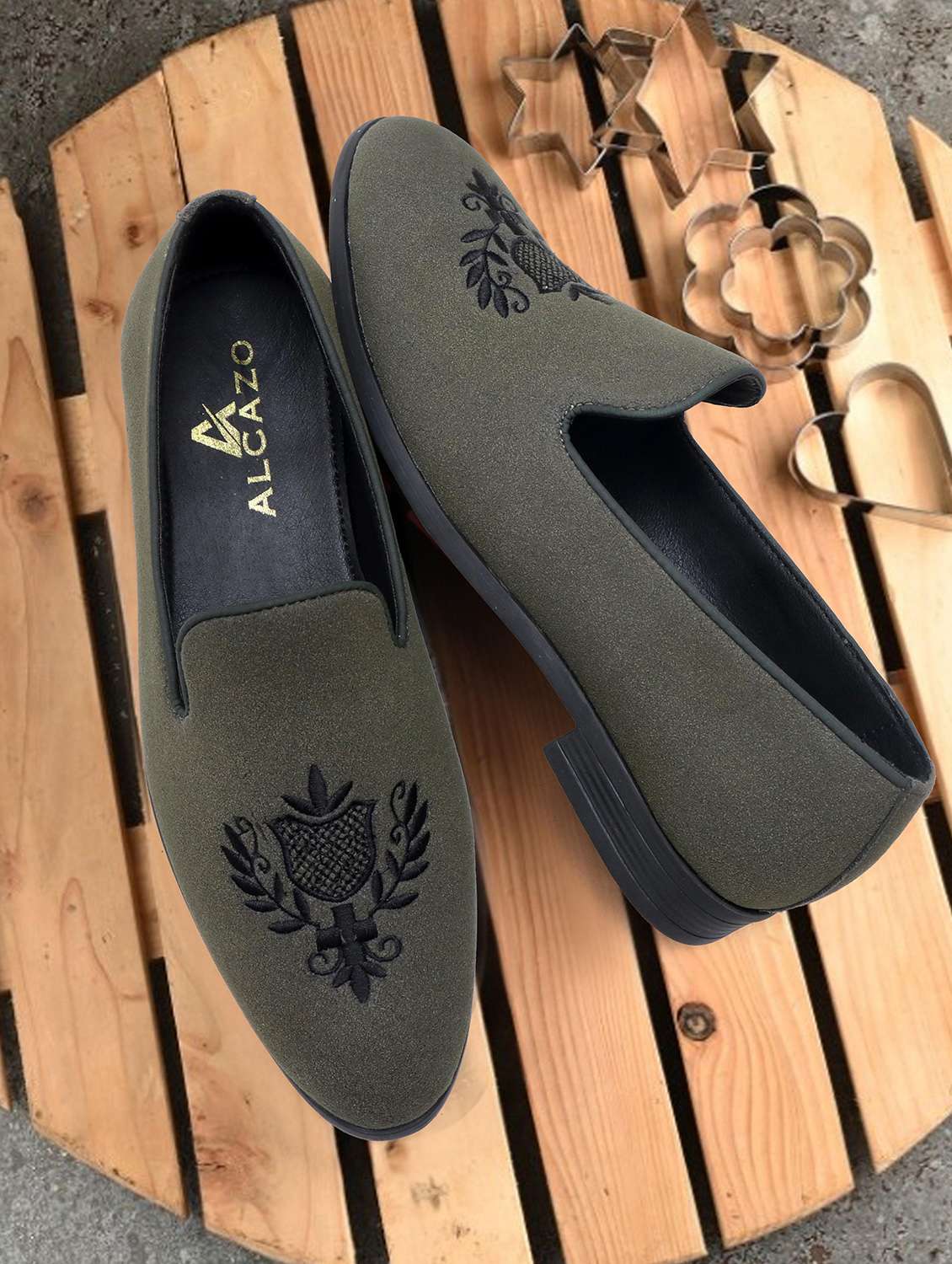 men olive slip on moccasin