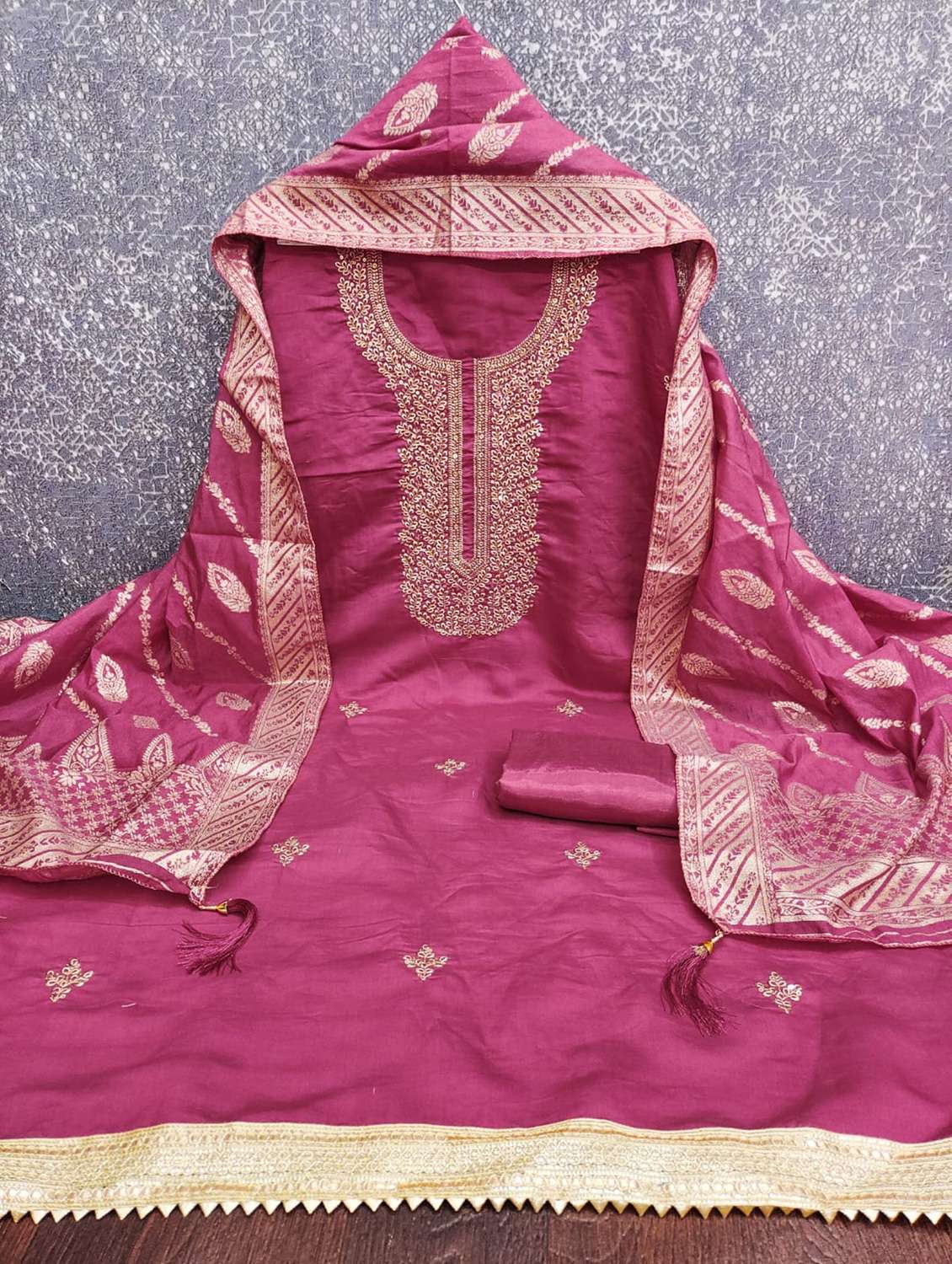 women solid with work embroidered unstitched suit set - 22088117 -  Standard Image - 3