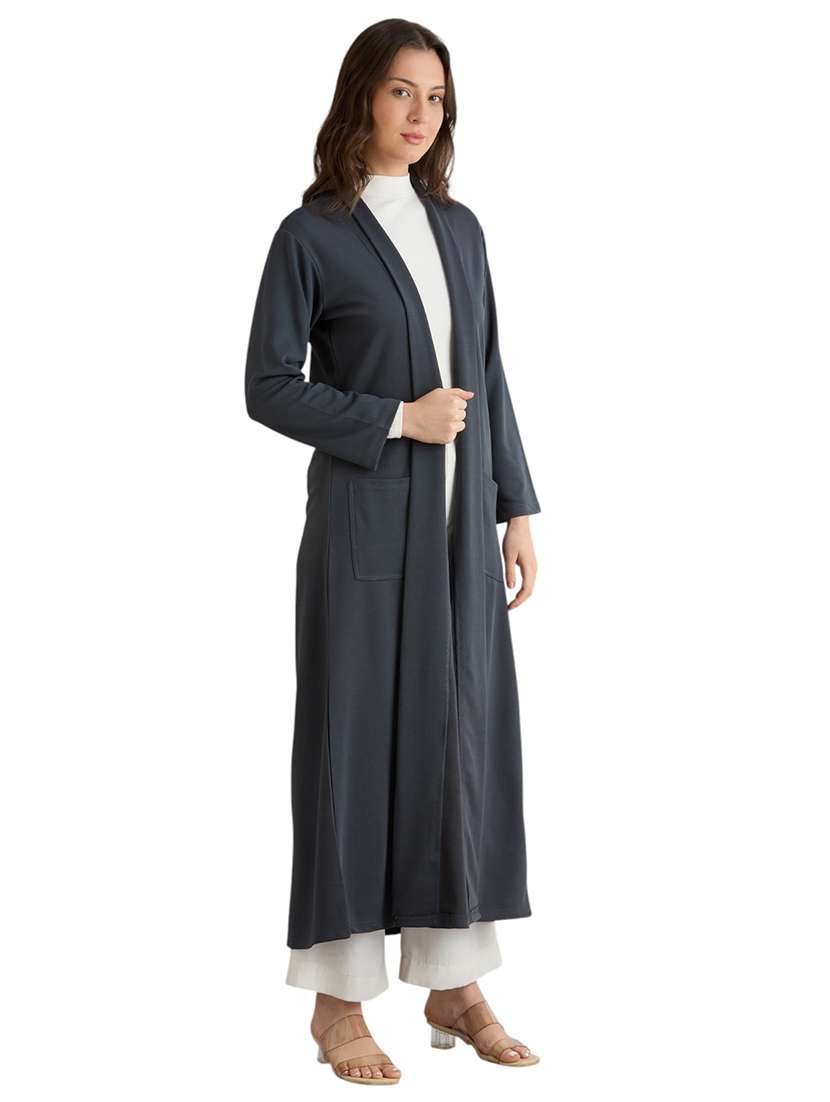 women solid long sleeve long shrug - 22088125 - Standard Image - 3