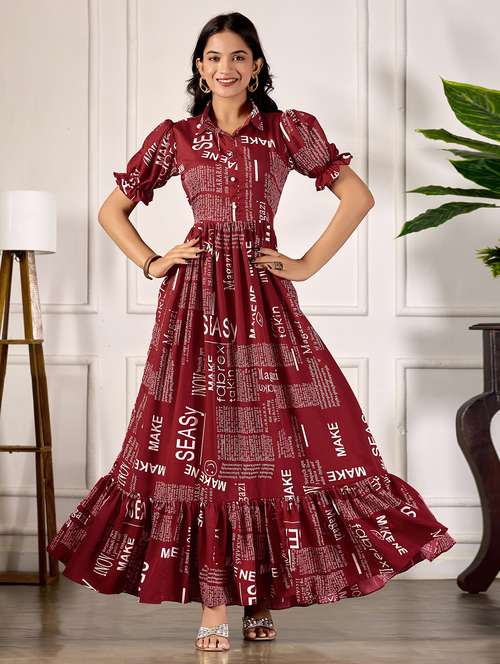 women printed puff sleeve collared tiered dress - 22088145 -  Standard Image - 0
